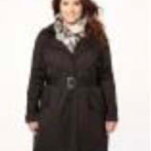 TRENCH COAT, BLACK, SIZE 4X, REMOVABLE HOOD, BELT, SIDE POCKETS, FULLY LINED,